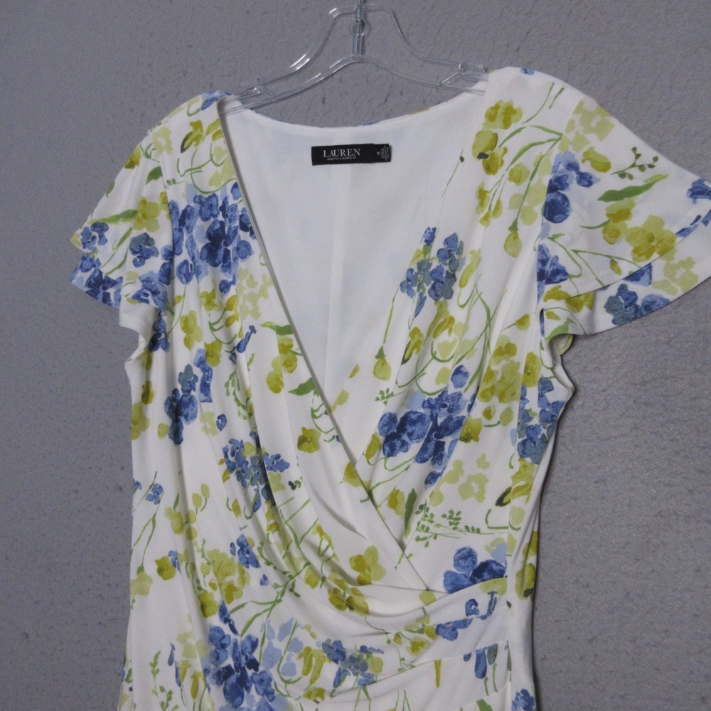 Lauren Ralph Lauren Dress 10 Floral Faux Wrap Ruche Surplice Classic Style - Picture 2 of 7